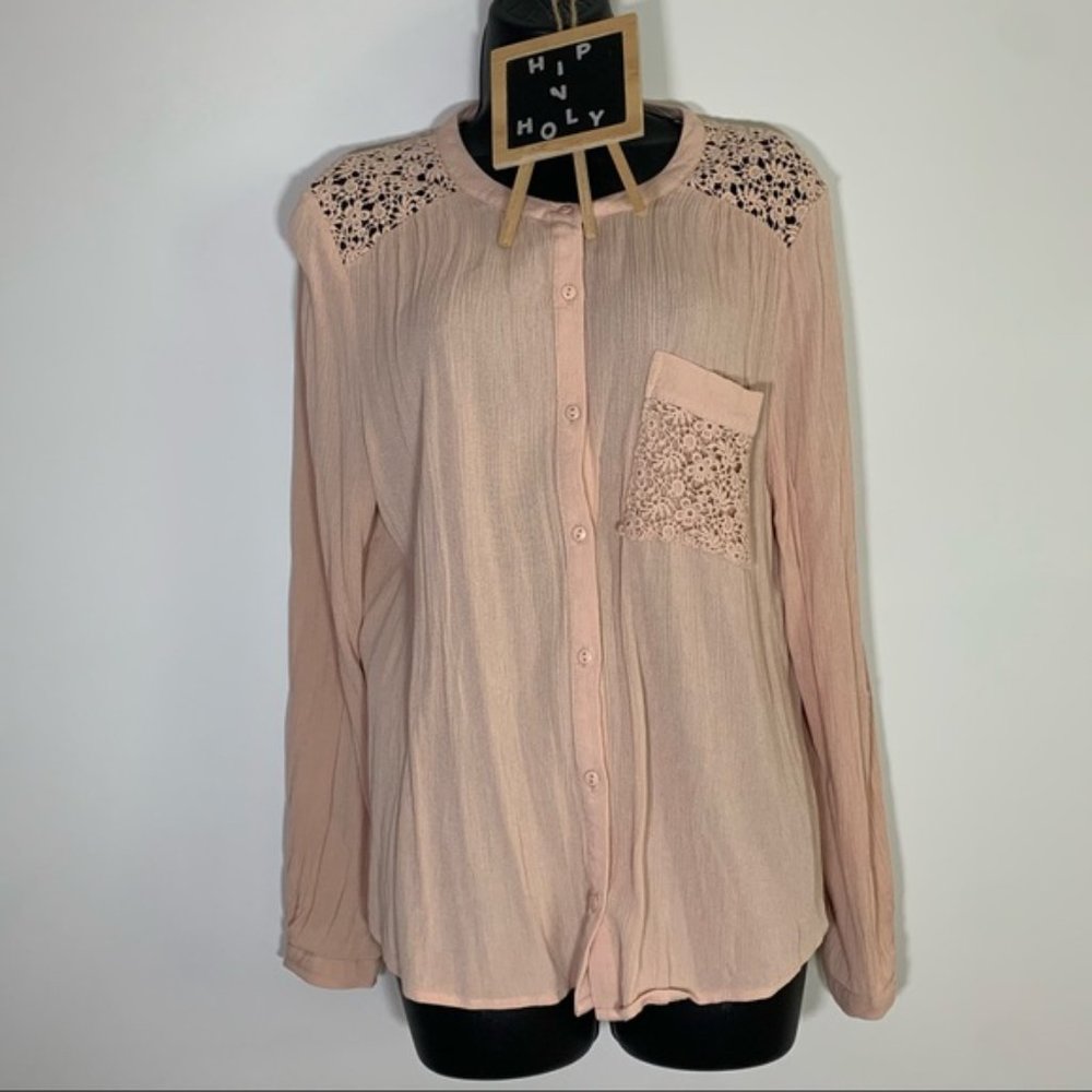 DR2 Button Down Long Sleeve Lace Top Peach Size Large